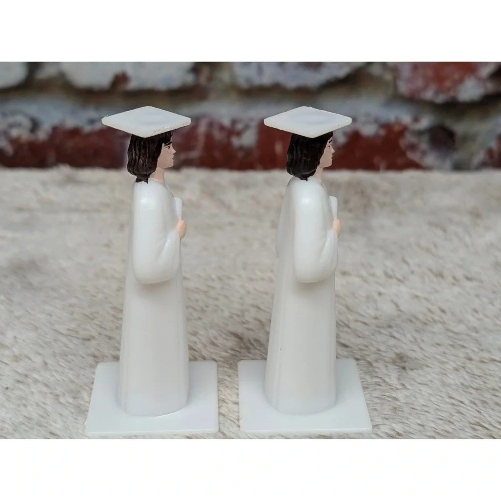 Vintage Graduation Cake Toppers Pair White Cap Gown Diploma Plastic Figures